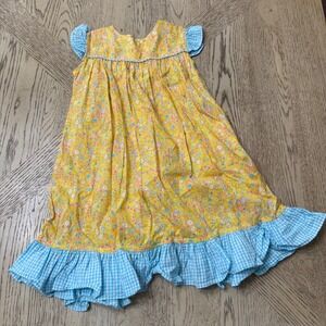 Red Beans Kids Yellow Floral Flutter Sleeve Gingham Ruffle Dress Size 4T